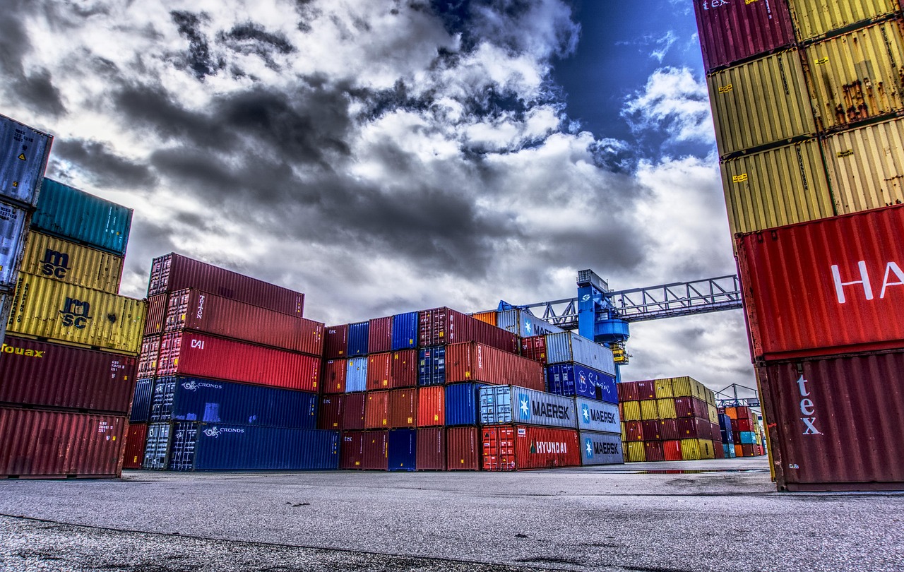 container, port, loading, stacked, container terminal, container handling, loading crane, crane, freight, transshipment point, germany, to dye, heaven, nature, clouds, hdr, contrast, high dynamic range, multicoloured, export, cargo container, transport system, horizontal, industry