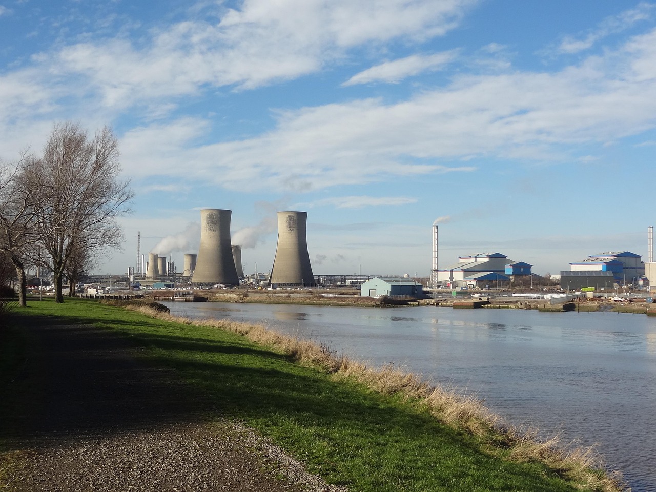 cooling towers, river, industry, plant, power plant, electricity, generation, cooling, industrial, nature, middlesbrough