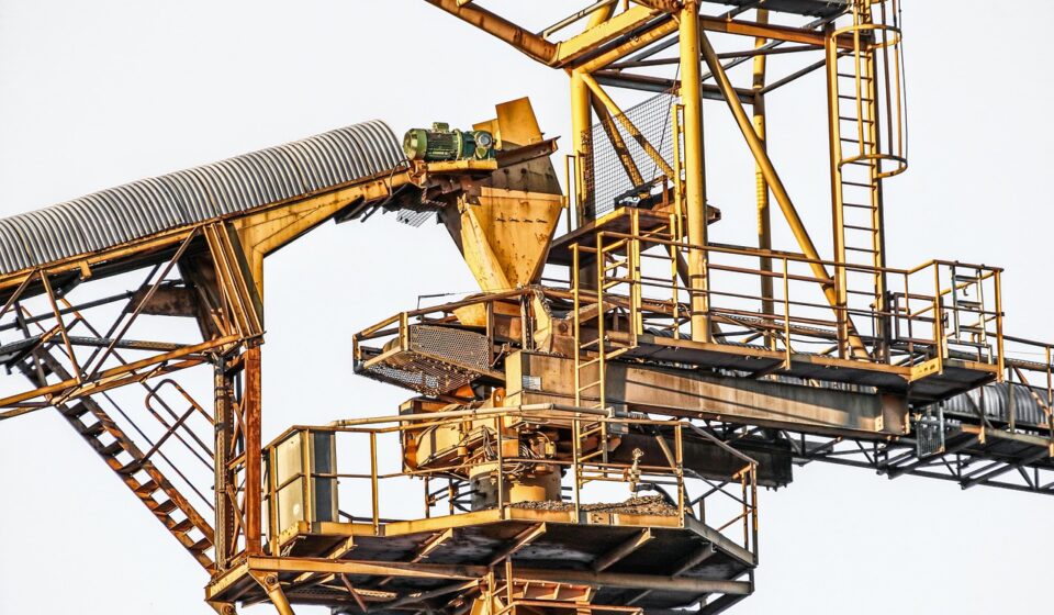 financial support, excavator, technology, industry, metal, stole, iron, construction, crane, conveyor technology, steel construction, ladder, solid, stable, yellow, mining, raw material, stone, lava sand, industrial plant