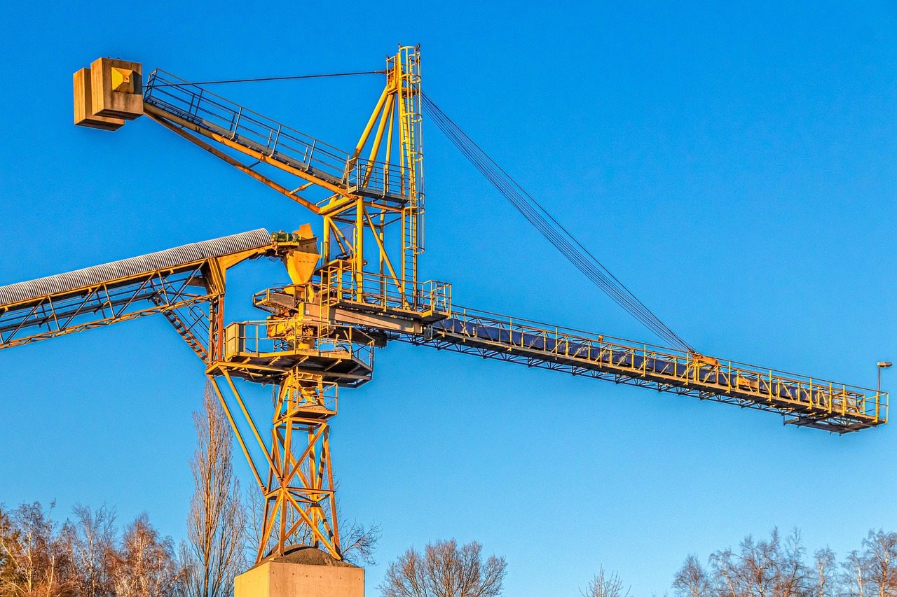 financial support, excavator, technology, industry, metal, stole, iron, construction, crane, conveyor technology, steel construction, ladder, solid, stable, yellow, mining, raw material, stone, lava sand, industrial plant