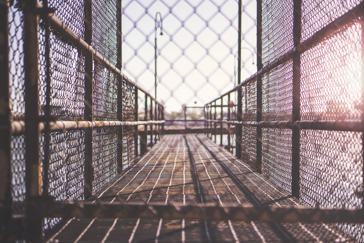 walkway, planks, fence, urban, sunset, wooden, cage, nature, bridge, lamp posts