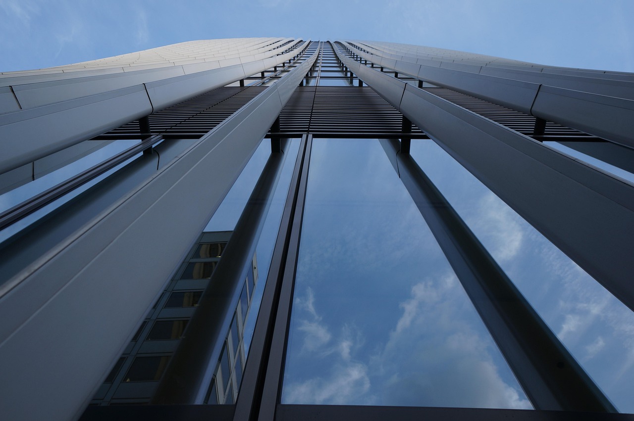 sky, transportation system, outdoors, architecture, travel, skyscraper, nature, vertical, modern, building, reflection, tower, blue, blue sky, attraction, europe, exterior