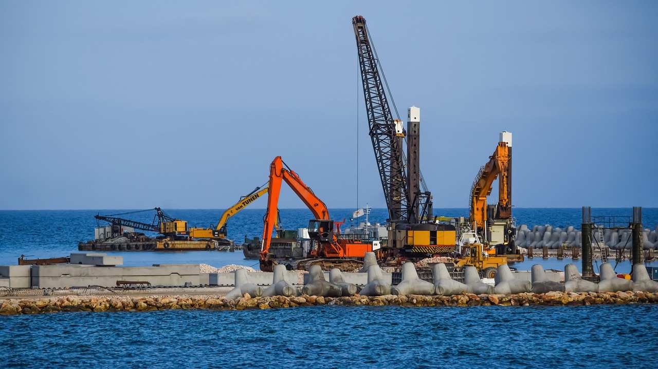 industry, crane, heavy machines, sea, harbor, nature, construction site, engineering, blue construction, blue industry