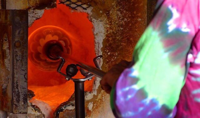 glassblower, hot, red, glow, glass, glazed, rotate, fire, oven, heat, handicrafts