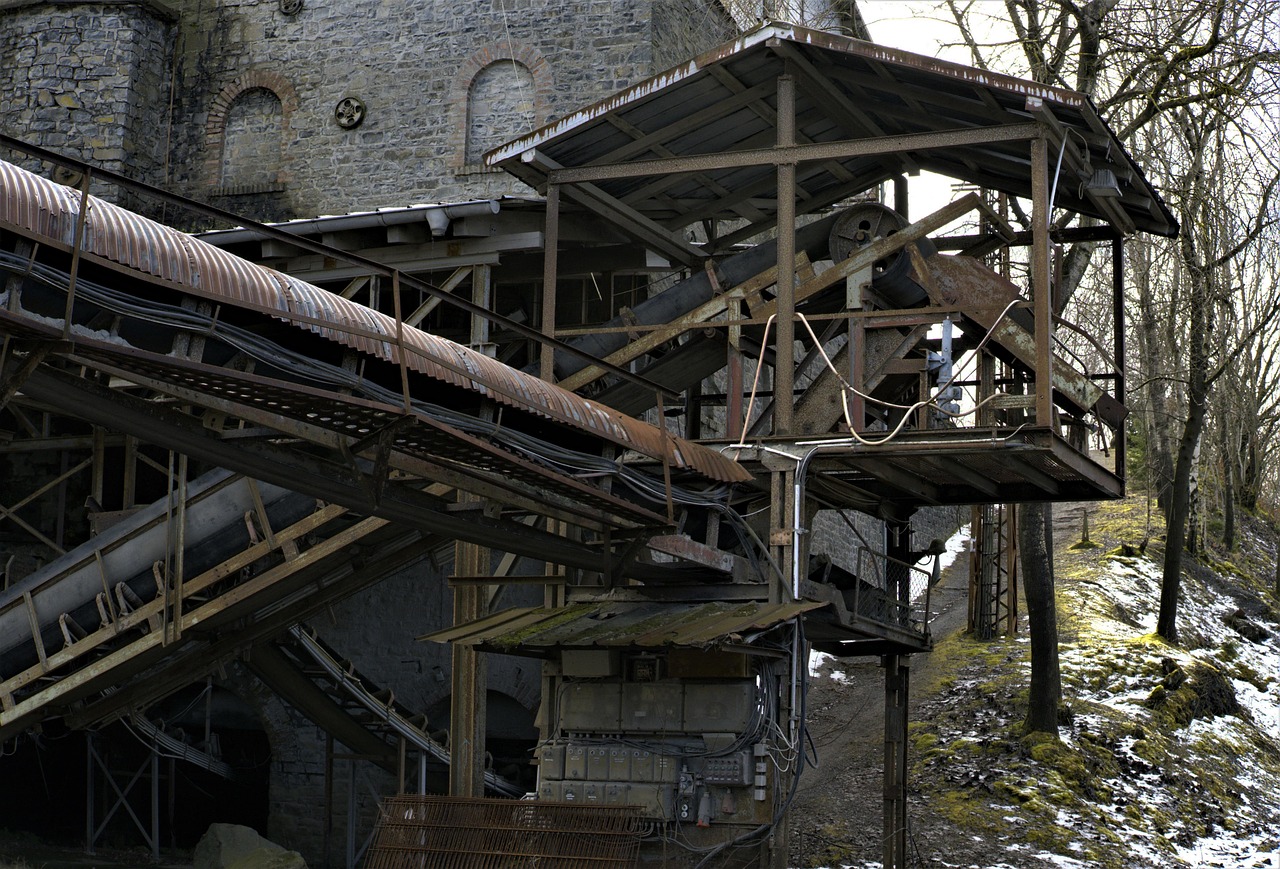 building, industrial conveyor system, abandoned, path, trees, old, metal, rust