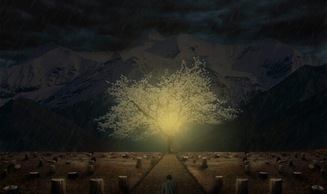 mountain, landscape, nature, sunset, tree, scenic, outdoors, fantasy, handling, hope, photoshop
