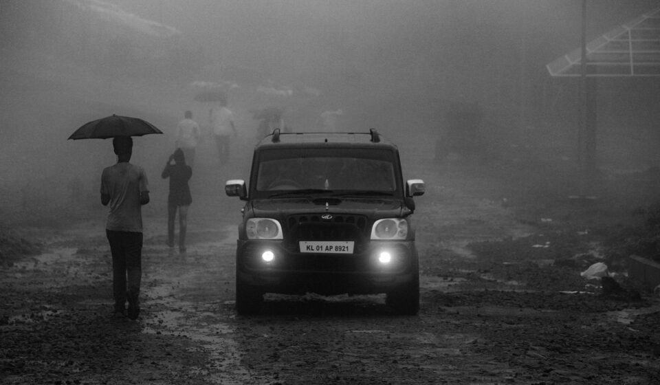 umbrella, people, vehicle, car, rain, man, street, monochrome, fog, road, landscape, tire, outdoor, vehicle registration plate, automotive lighting, car wallpapers, wheel, motor vehicle, nature, dark