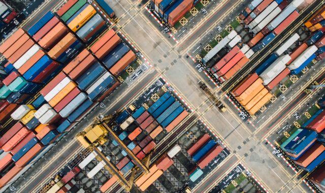 container vans, aerial view, loading dock, aerial photography