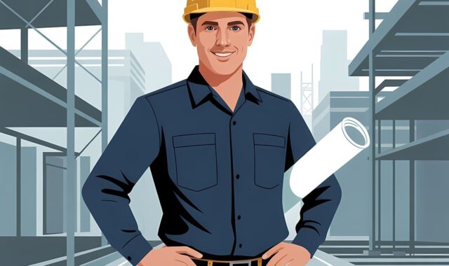 construction, worker, architect, helmet, blue workwear, plan, urban landscape, civil engineering, cartoon, man, tools, project, building, industry, outdoor, construction site, infrastructure, belt, ai generated
