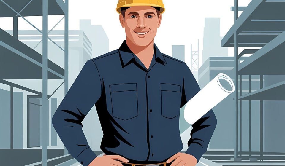 construction, worker, architect, helmet, blue workwear, plan, urban landscape, civil engineering, cartoon, man, tools, project, building, industry, outdoor, construction site, infrastructure, belt, ai generated