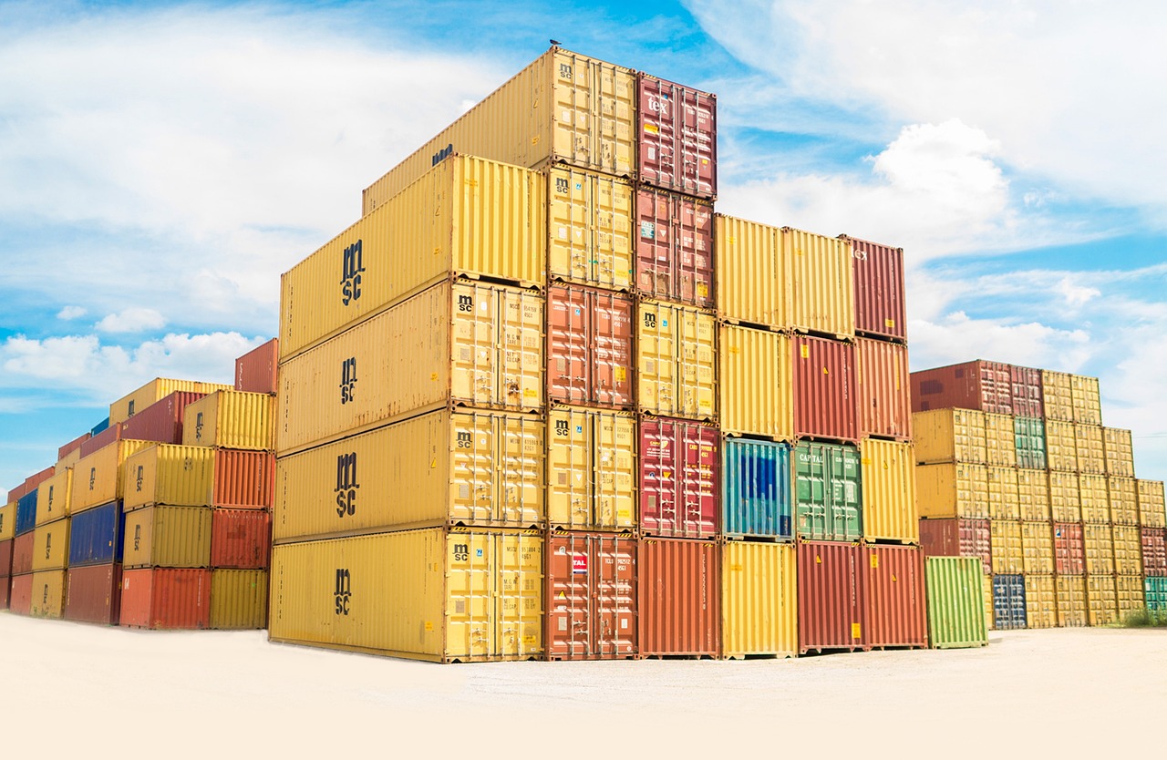 container, van, export, blue sky, travel, cargo, wharf, nature, blue, sky